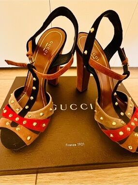 Gucci Red Brown Black Studded Suede Block Heel Sandals